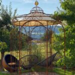 Tonnelle de jardin Siena avec voile d’ombrage et treillage Rosa, rouille noble non traitée