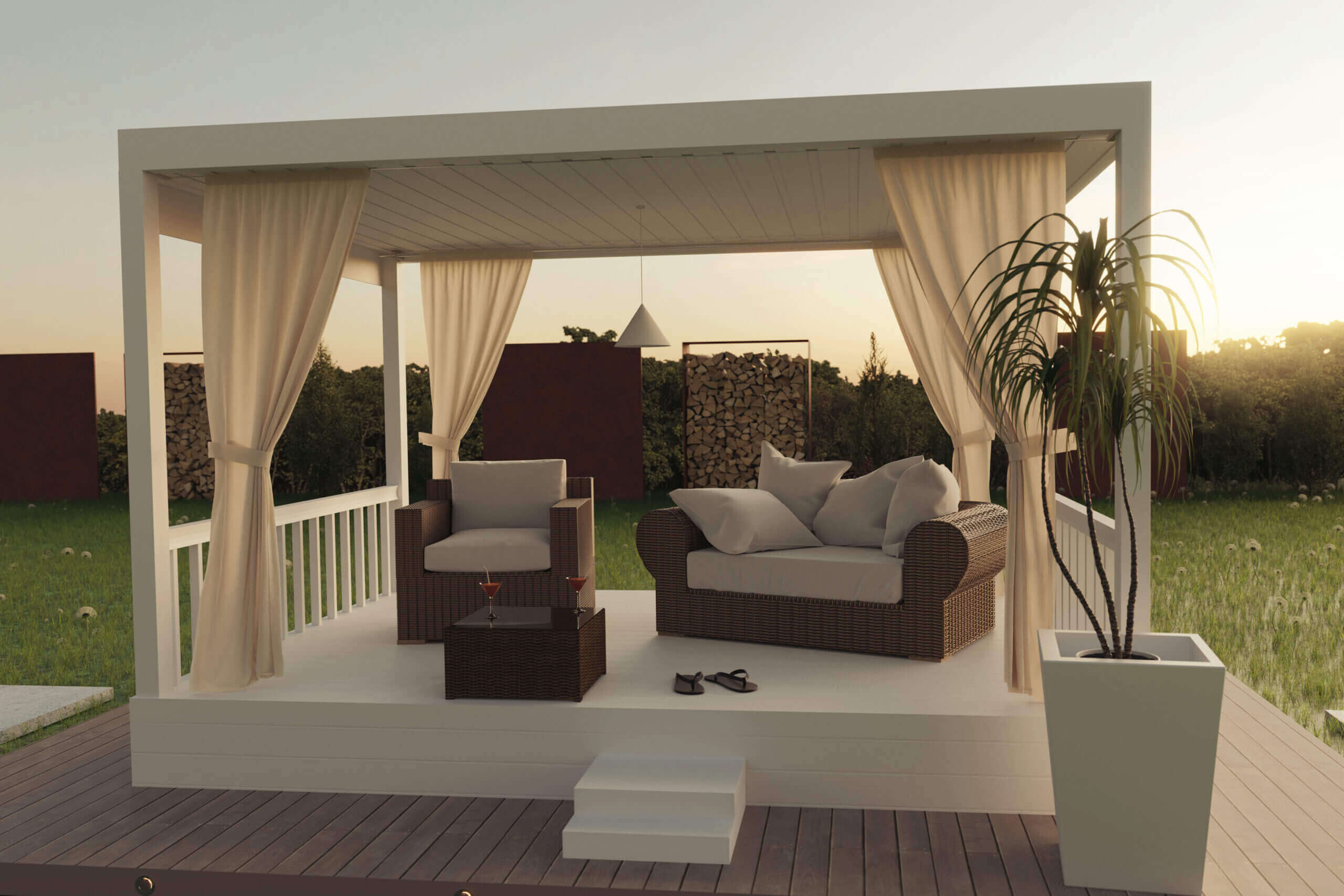 ©Brilliant Eye / Adobe Stock : Oasis de jardin : une terrasse couverte blanche et élégante avec un mobilier lounge.