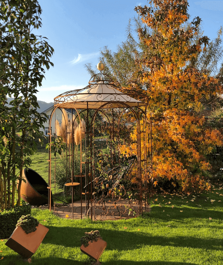 Tonnelle de jardin Siena avec boule de faîtage en laiton et voile d’ombrage, rouille noble